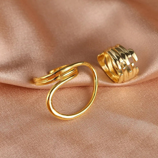 Retro Smooth Curved & Layered Gold Band Adjustable Ring Set-Lydieannejewelry