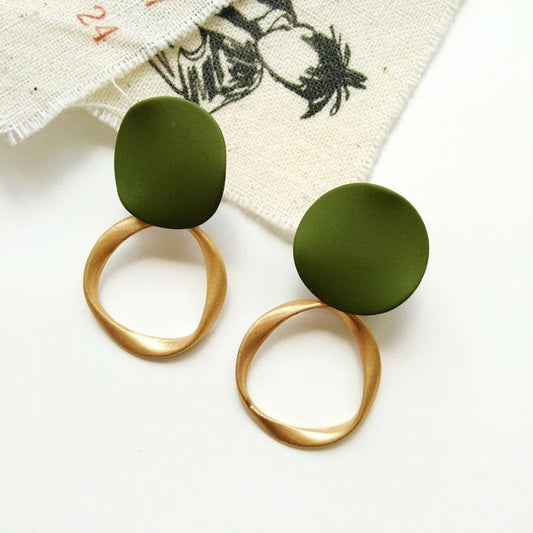 Matte Green & Gold Geometric Hoop Earrings-Lydieannejewelry