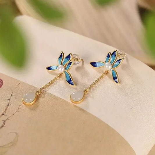 Vintage Gold & Blue Flower Pearl Jade Drop Earrings-Lydieannejewelry