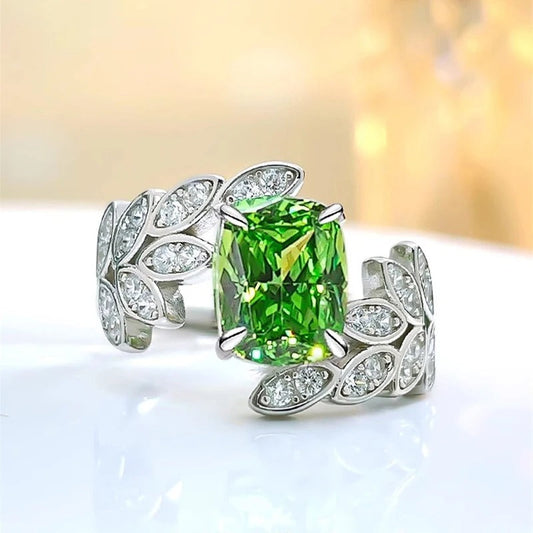 Green Crystal Leaf Pattern Silver Ring-Lydieannejewelry
