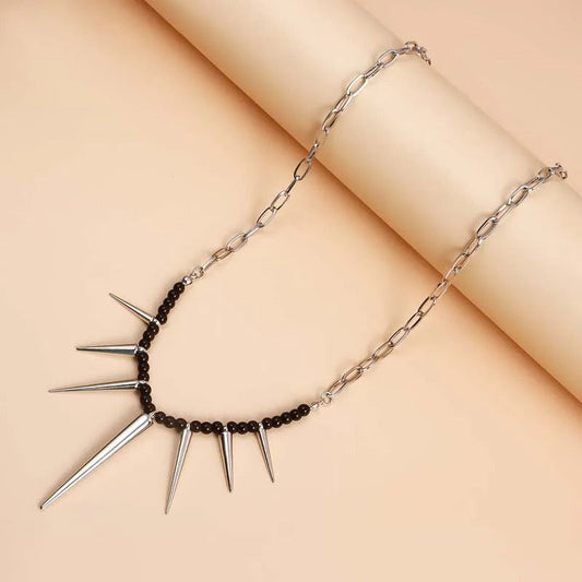 Silver Black Bead & Chain Link Spiked Necklace-Lydieannejewelry