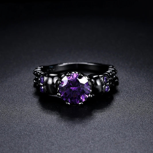 Vintage Black Round Purple Gemstone & Intricate Design Ring-Lydieannejewelry