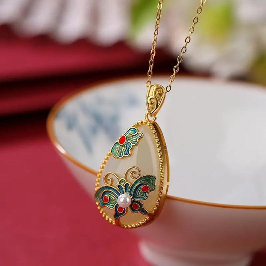 Classic Gold Butterfly & Floral Vintage Pearl Design Necklace-Lydieannejewelry