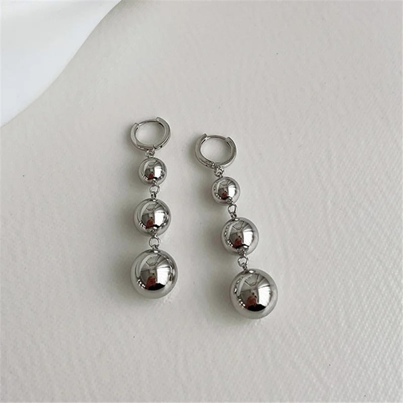 Silver Triple Ball Dangle Earrings-Lydieannejewelry