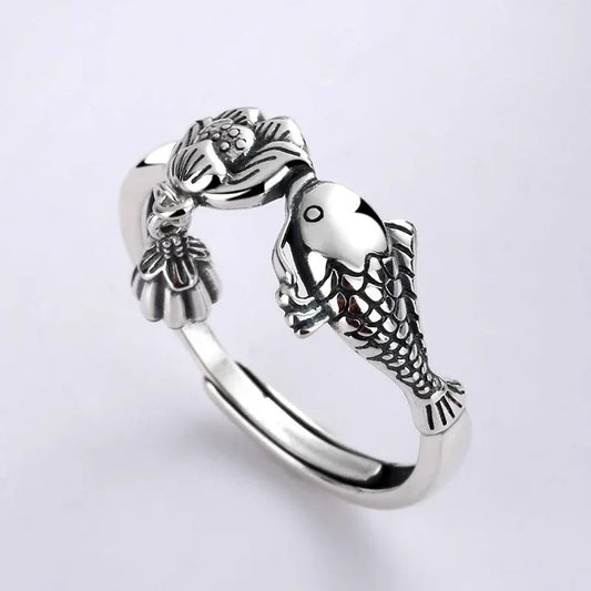 Vintage Silver Fish & Flower Design Adjustable Ring-Lydieannejewelry