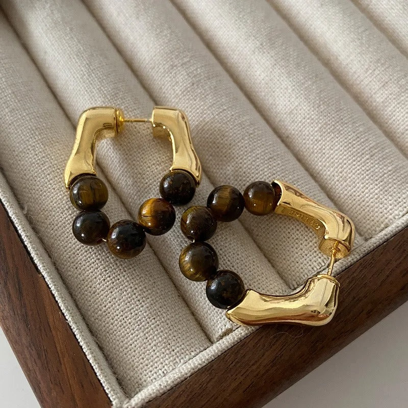 Vintage Gold & Tiger Eye Beaded Hoop Earrings-Lydieannejewelry