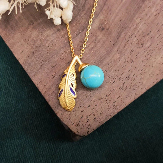 Vintage Gold Turquoise Bead Feather Pendant Necklace-Lydieannejewelry