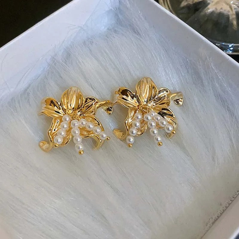Vintage Gold Floral Pearl Cluster Stud Earrings-Lydieannejewelry