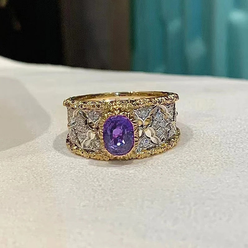 Gold Purple Gemstone Floral Ring-Lydieannejewelry