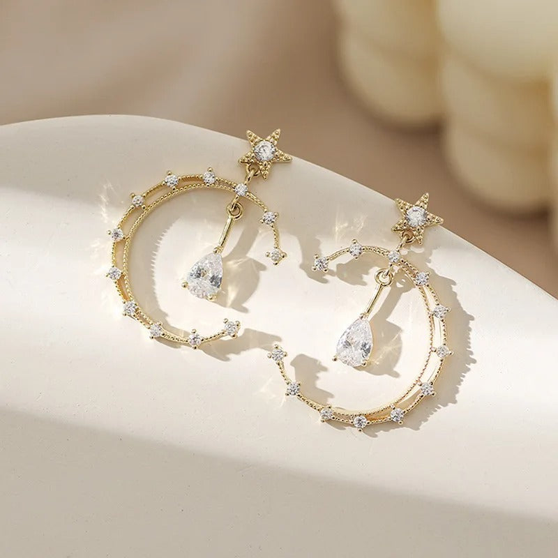 Vintage Gold Crystal Crescent & Star Earrings-Lydieannejewelry