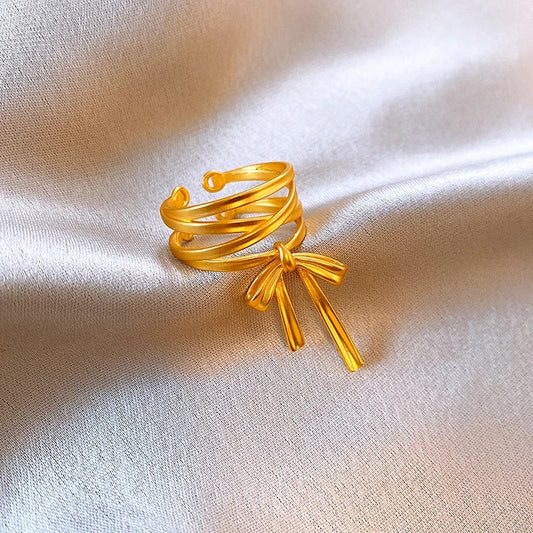 Vintage Gold Ribbon Bow Open Ring-Lydieannejewelry