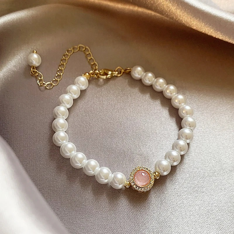 Vintage Pearl & Gold Rose Quartz Bracelet-Lydieannejewelry
