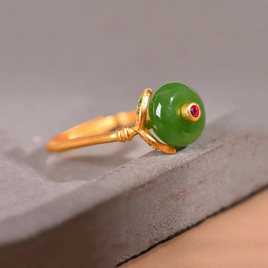 Vintage Gold Green Gemstone & Unique Square Adjustable Ring-Lydieannejewelry