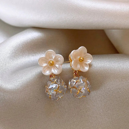 White Petals Zirconia Ball Pendant Earrings-Lydieannejewelry