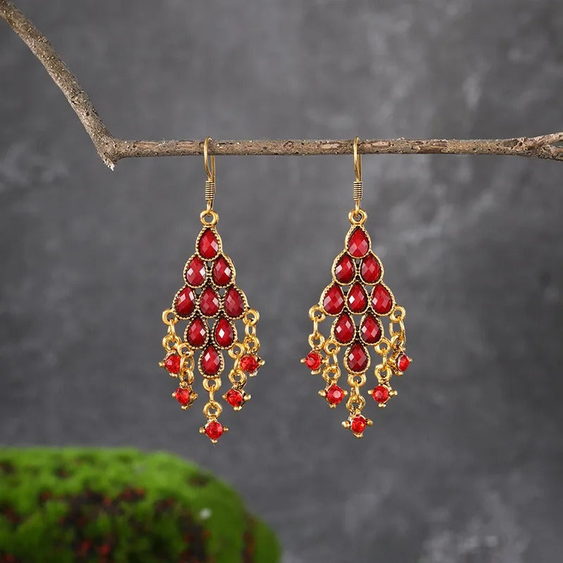 Gold Vintage Red Crystal Dangle Earrings-Lydieannejewelry