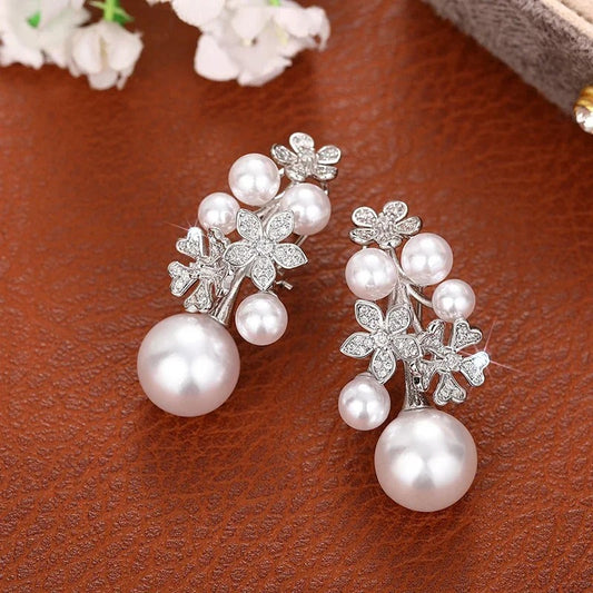 Vintage Silver Floral Pearl Earrings-Lydieannejewelry