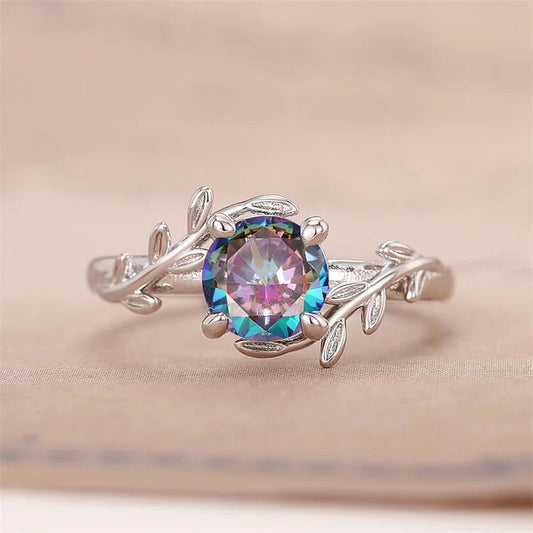 Silver Leaf-Inspired Colorful Gemstone Ring-Lydieannejewelry