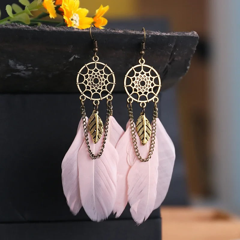 Vintage Gold Dreamcatcher & Pink Feather Earrings-Lydieannejewelry