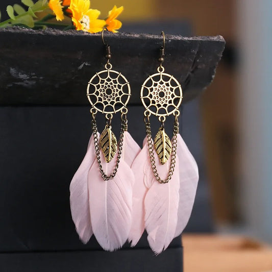 Vintage Gold Dreamcatcher & Pink Feather Earrings-Lydieannejewelry