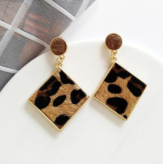 Gold & Leopard Print Stylish Square Drop Earrings-Lydieannejewelry