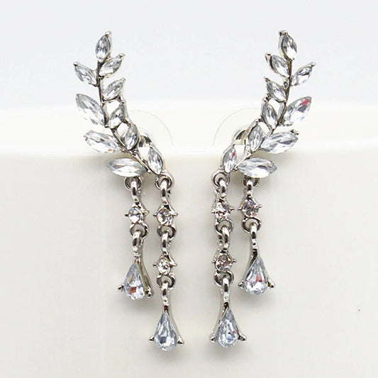 Silver Leaf Design Crystal Drop Earrings-Lydieannejewelry