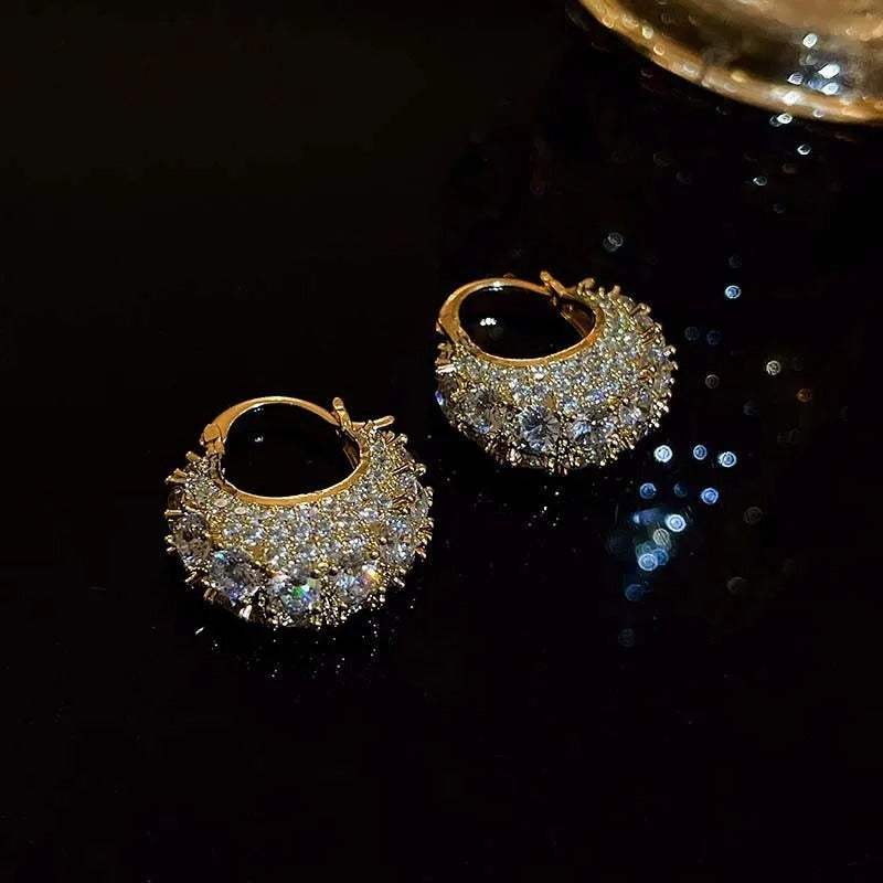 Vintage Crystal Pave Gold Hoop Earrings-Lydieannejewelry