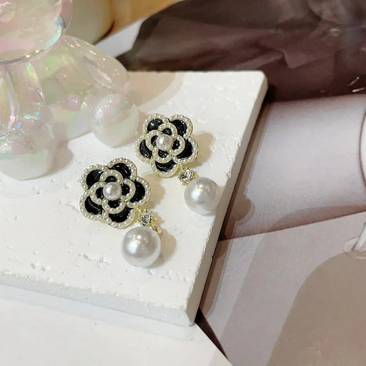 Pearl Black Mini Beads Flower Vintage Earrings-Lydieannejewelry