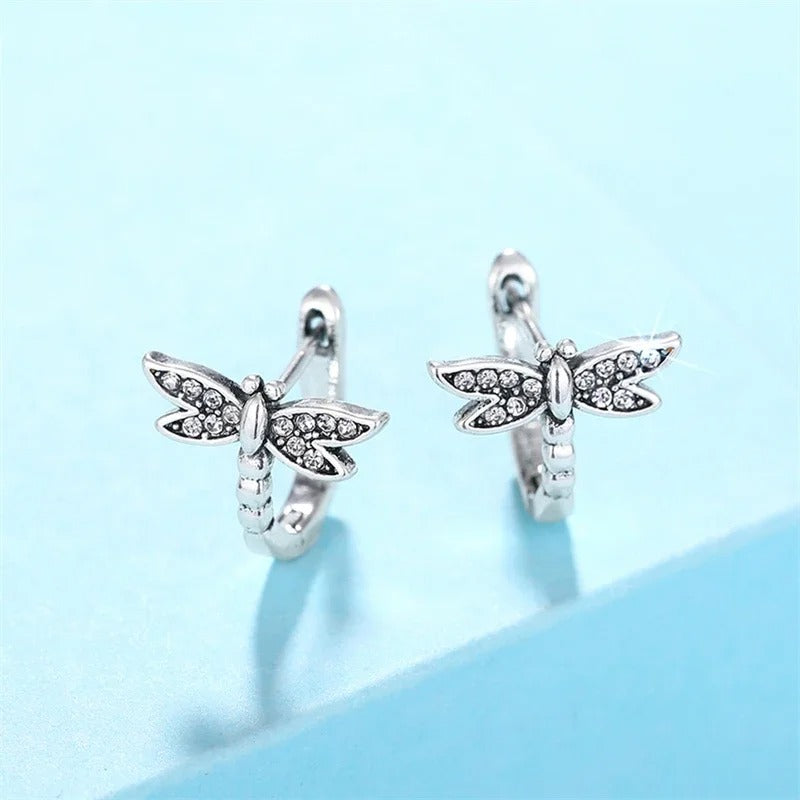 Silver Sparkling Dragonfly Earrings-Lydieannejewelry