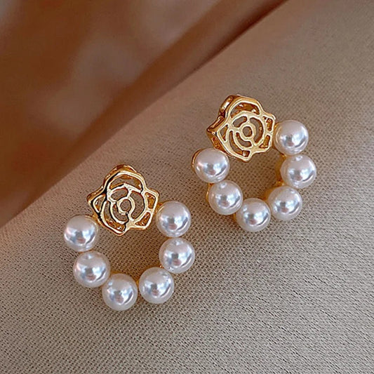 Vintage Gold & Pearl Rose Earrings-Lydieannejewelry