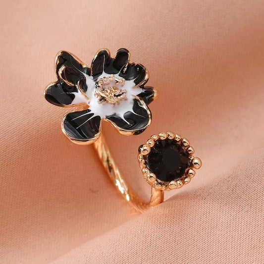 Vintage Gold Black Flower & Black Gemstone Open Ring-Lydieannejewelry