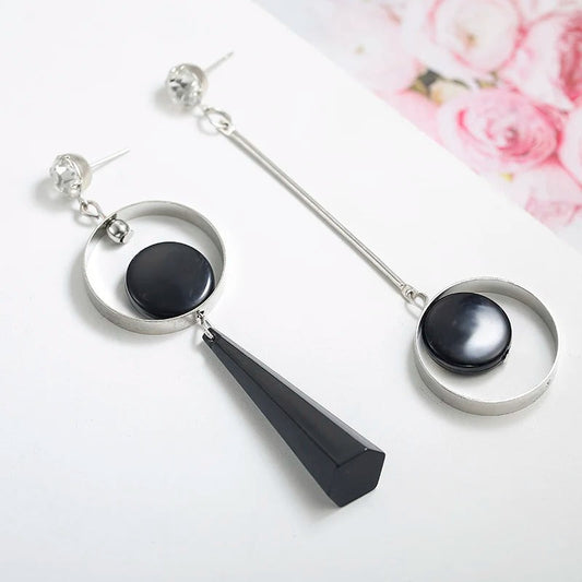 Silver Black Circle Triangle Drop Earrings-Lydieannejewelry