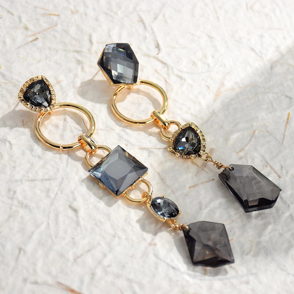 Vintage Black Crystal Gold Drop Earrings-Lydieannejewelry