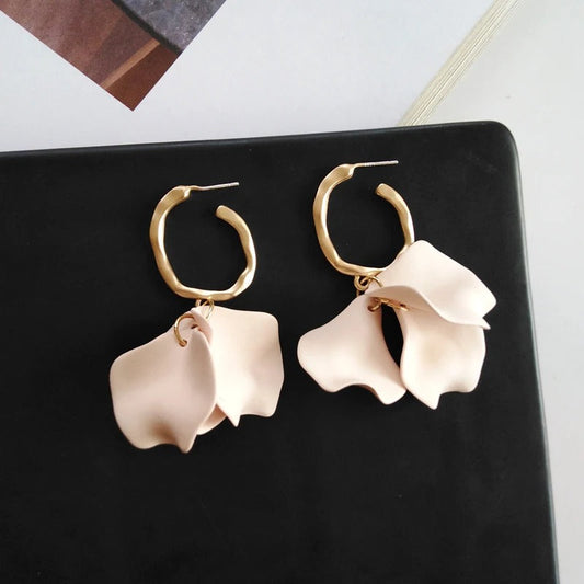 Vintage Gold Soft Pink Petal Design Hoop Earrings-Lydieannejewelry