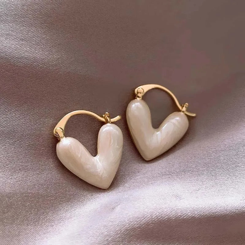 Vintage White Heart Gold Hoop Earrings-Lydieannejewelry