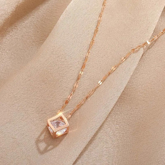 Vintage Rose Gold Crystal-Studded Square Pendant Necklace-Lydieannejewelry