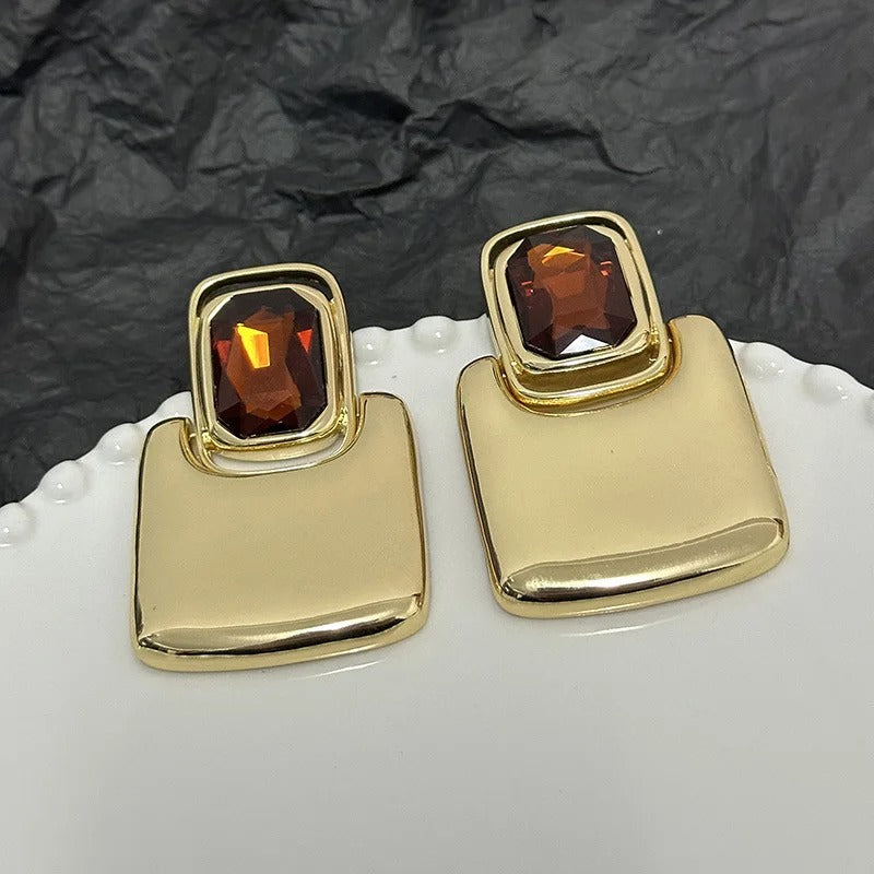 Gold Brown Gemstone Square Crystal Stud Earrings-Lydieannejewelry