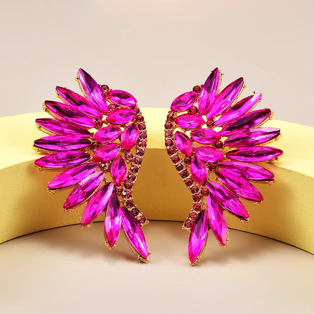 Vintage Pink Wing Crystal Gold Earrings-Lydieannejewelry