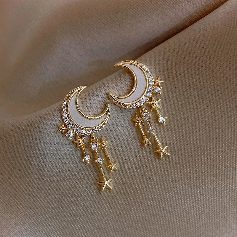 Vintage Gold Moon & Star Crystal Drop Earrings-Lydieannejewelry