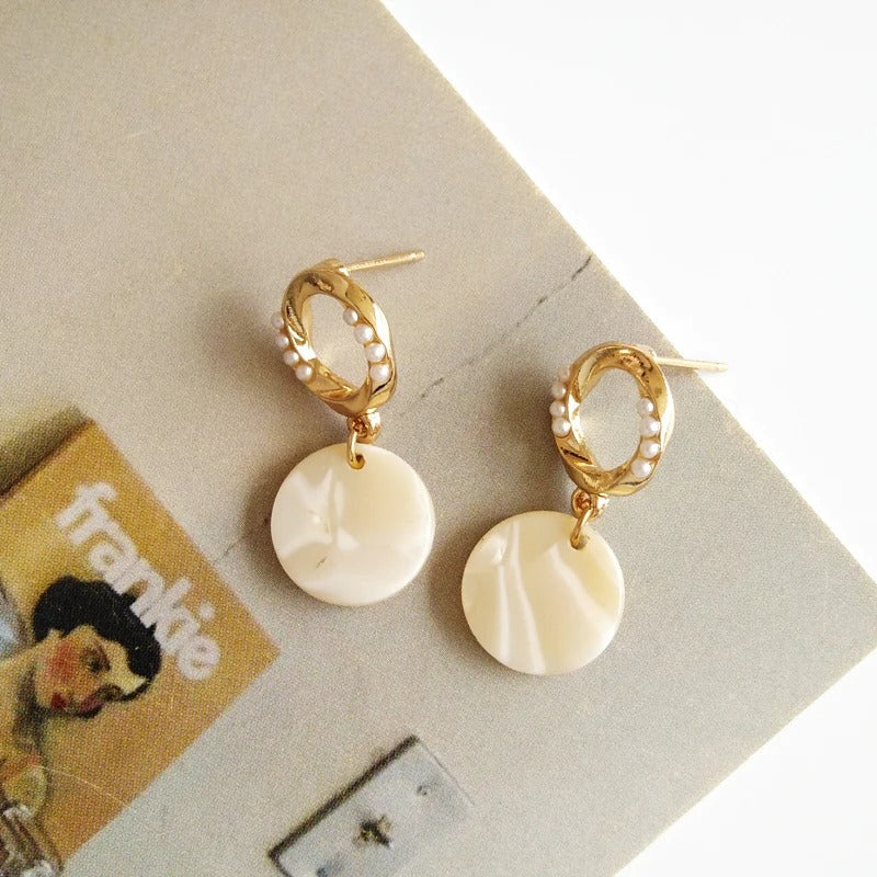 Gold & White Round Pearl Drop Earrings-Lydieannejewelry