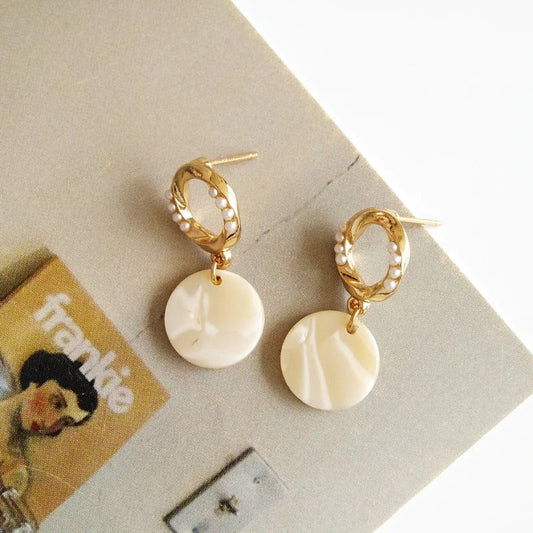 Gold & White Round Pearl Drop Earrings-Lydieannejewelry