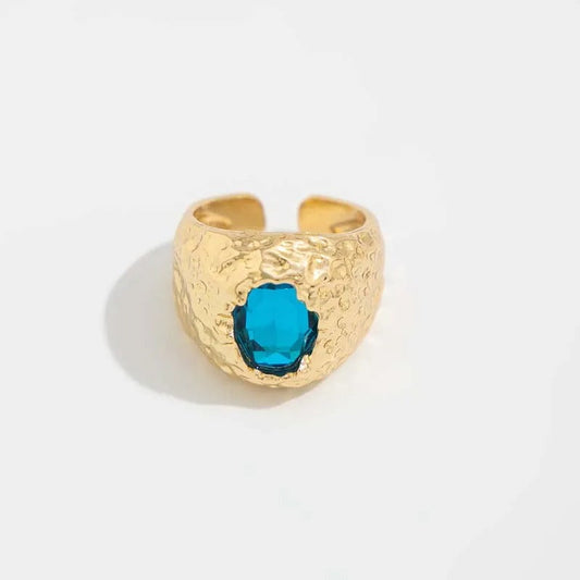 Gold Hammered Vibrant Blue Gemstone Adjustable Ring-Lydieannejewelry