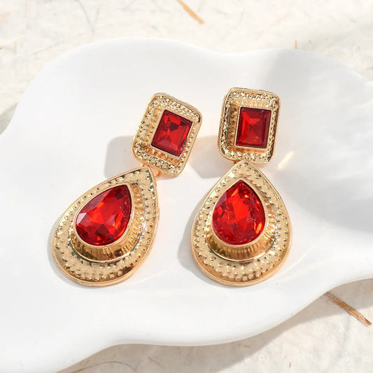 Gold Vintage Red Gemstone Dangle Earrings-Lydieannejewelry