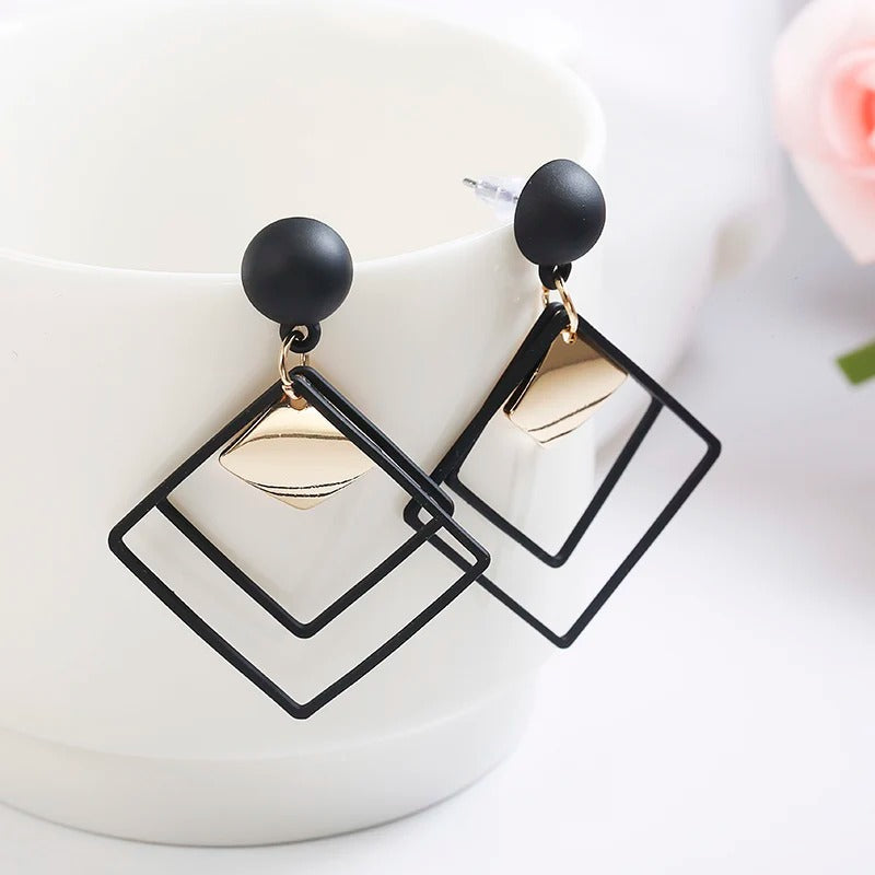 Vintage Black Square Gold Geometric Earrings-Lydieannejewelry