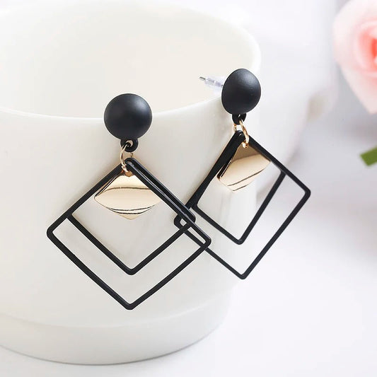 Vintage Black Square Gold Geometric Earrings-Lydieannejewelry