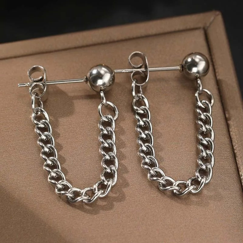 Vintage Silver Ball & Chain Earrings-Lydieannejewelry