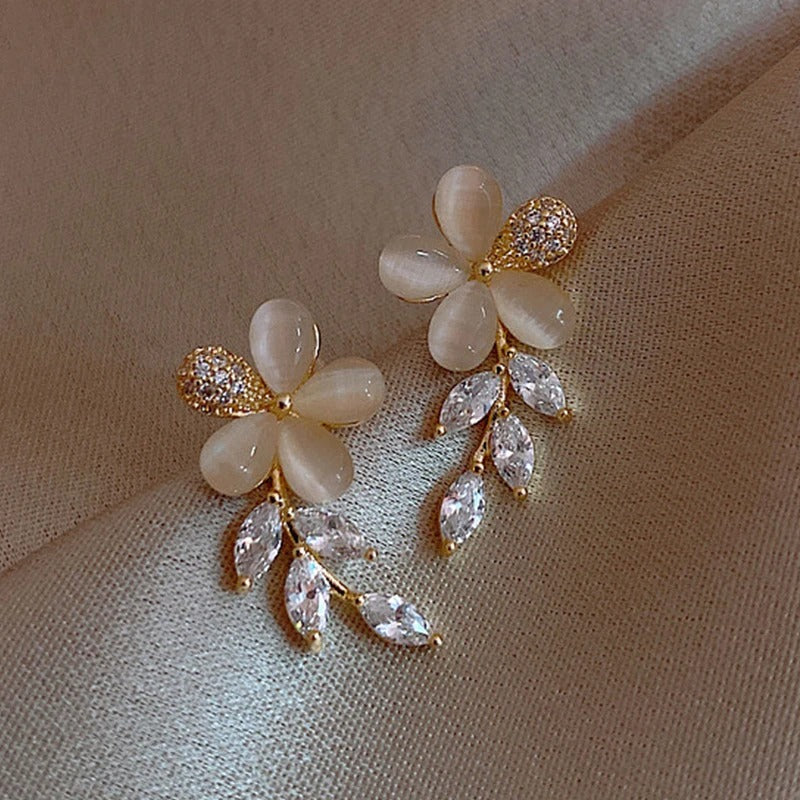 Vintage Opal Zircon Flower Leaves Stud Earrings-Lydieannejewelry