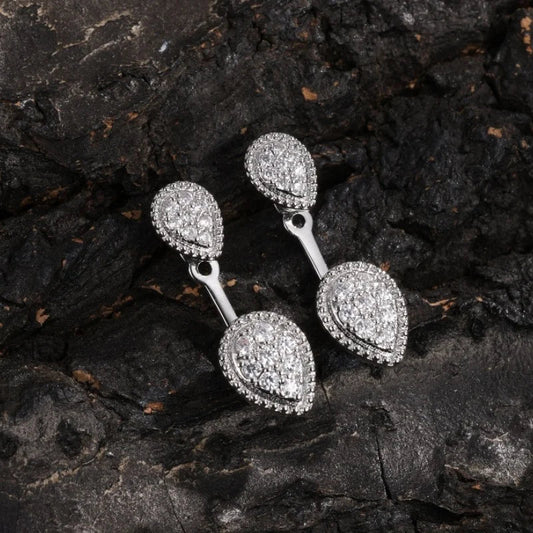 Silver Double Teardrop Crystal Earrings-Lydieannejewelry