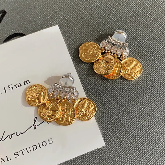 Gold Coin Clear Crystal Dangle Earrings-Lydieannejewelry
