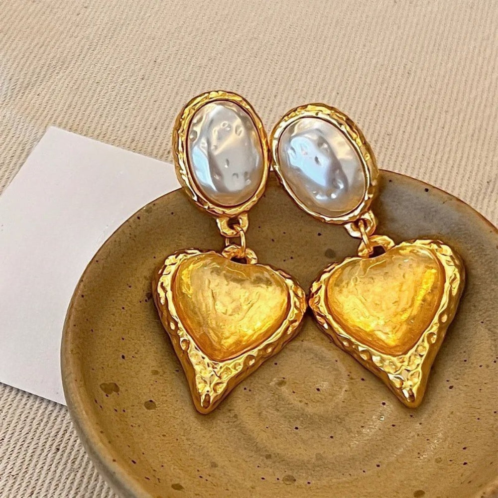 Vintage Pearl & Gold Heart Design Earrings-Lydieannejewelry