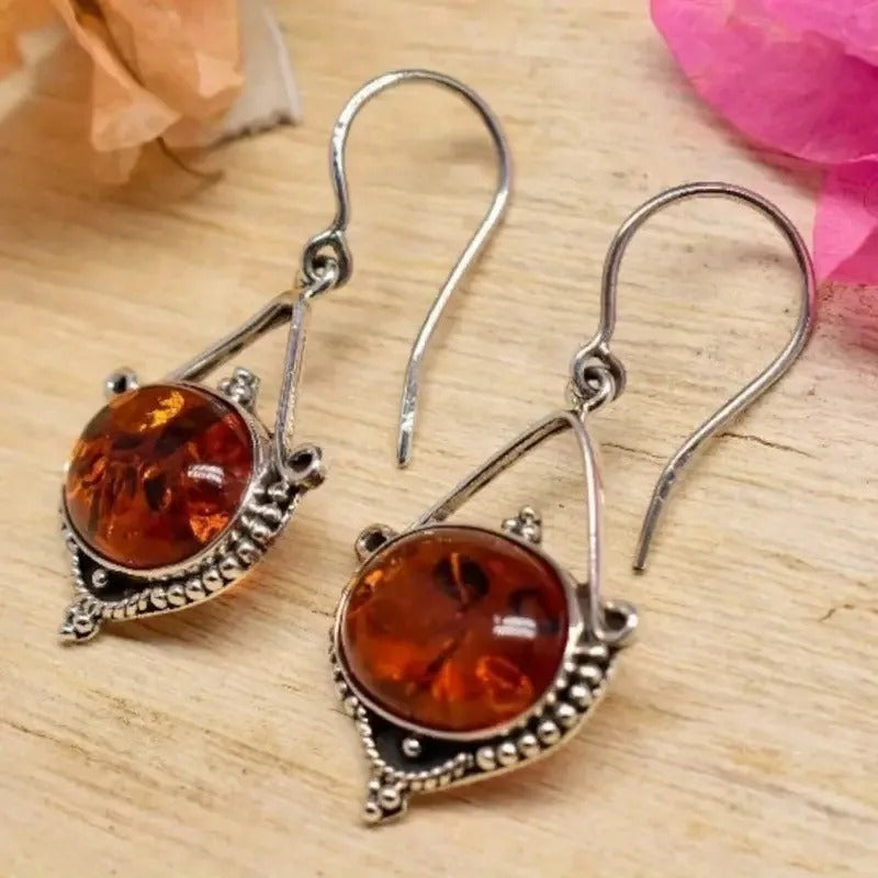 Silver Boho Amber Stone Earrings-Lydieannejewelry